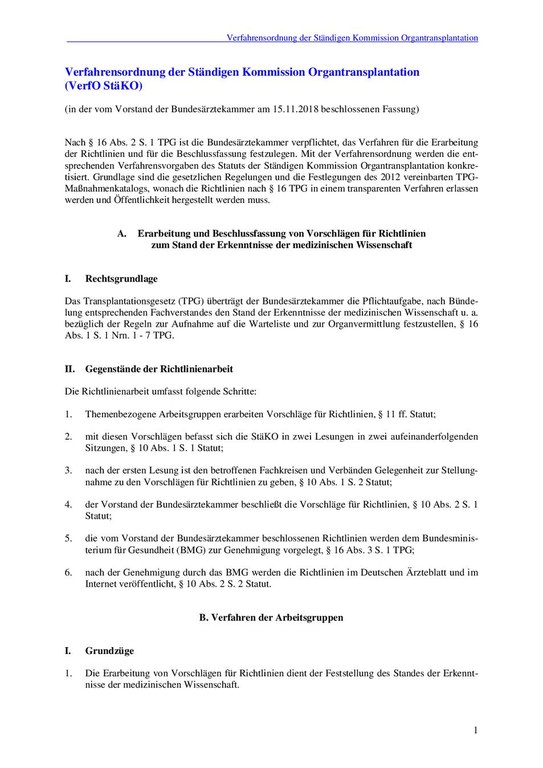 Verfahrensordnung der Ständigen Kommission Organtransplantation (VerfO StäKO)